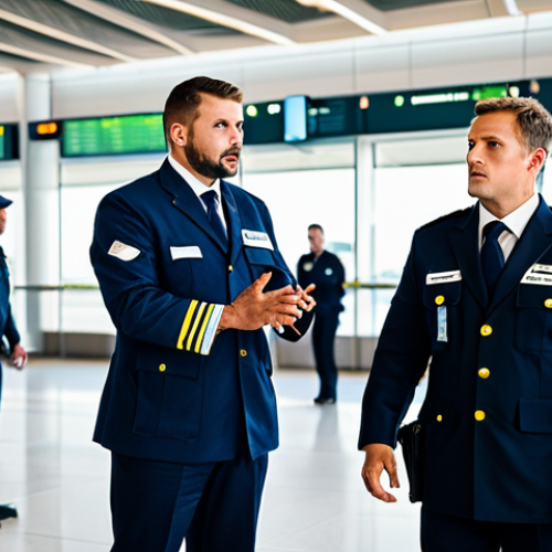 **

"An aviation security agent, fully clothed in a professional uniform, calmly directing passengers during a simulated emergency evacuation in a modern airport terminal. Focus on clear communication and organized teamwork. Background shows other security personnel and emergency responders. Safe for work, appropriate content, professional, perfect anatomy, correct proportions, well-formed hands, natural pose, high quality."

**