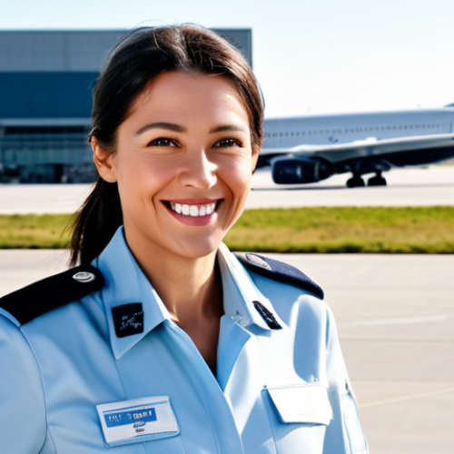 **

"A professional female pilot in a fully clothed, modest uniform standing in front of a modern commercial airplane, smiling confidently. The background shows a sunny airport tarmac with ground crew working. Safe for work, appropriate content, perfect anatomy, natural proportions, professional aviation photography, family-friendly."

**