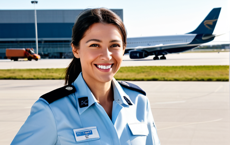**

"A professional female pilot in a fully clothed, modest uniform standing in front of a modern commercial airplane, smiling confidently. The background shows a sunny airport tarmac with ground crew working. Safe for work, appropriate content, perfect anatomy, natural proportions, professional aviation photography, family-friendly."

**