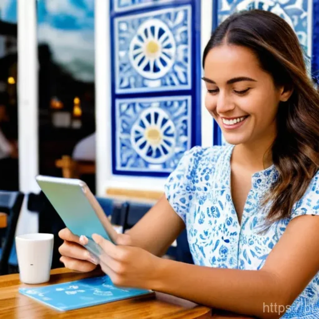 항공보안관리사와 공항 출입 통제 사례 - **Prompt:** A young Portuguese woman, in her late 20s, with a warm smile, sits at a stylish café tab...