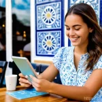항공보안관리사와 공항 출입 통제 사례 - **Prompt:** A young Portuguese woman, in her late 20s, with a warm smile, sits at a stylish café tab...