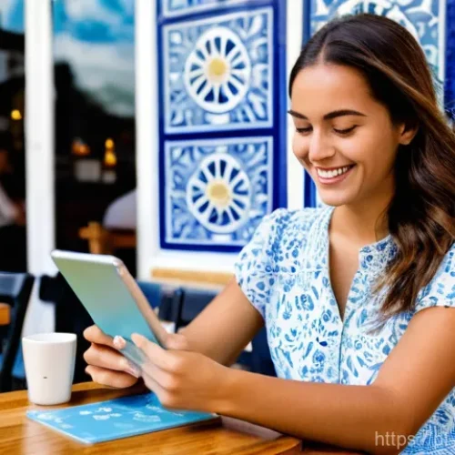 항공보안관리사와 공항 출입 통제 사례 - **Prompt:** A young Portuguese woman, in her late 20s, with a warm smile, sits at a stylish café tab...