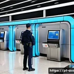 Home 19 항공보안관리사와 항공보안 체계 이해 - A high-tech airport security checkpoint scene featuring uniformed security officers conducting passe...