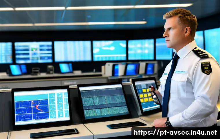 항공보안관리사 자격증 취득 가이드 - A professional airport security manager standing confidently in a modern airport control room, surro...