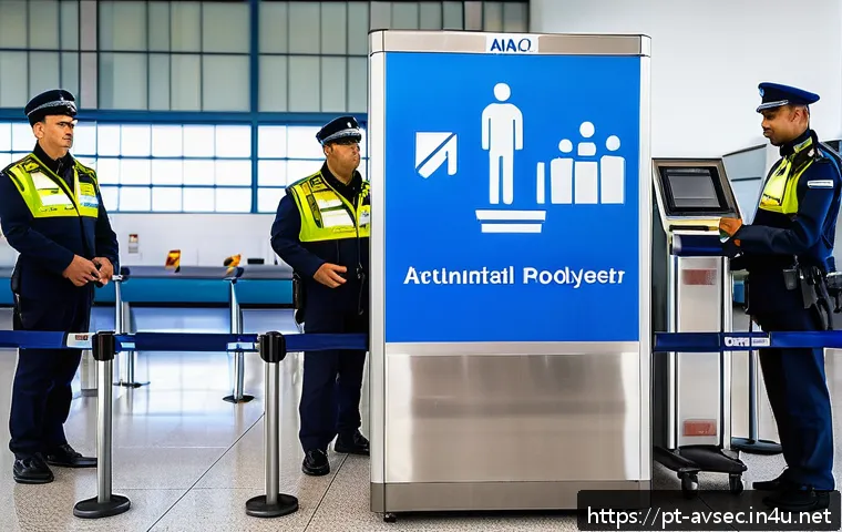 항공보안관리사 주요 시험 과목 해설 - A detailed airport security control scene focused on passenger and baggage inspection, showing train...